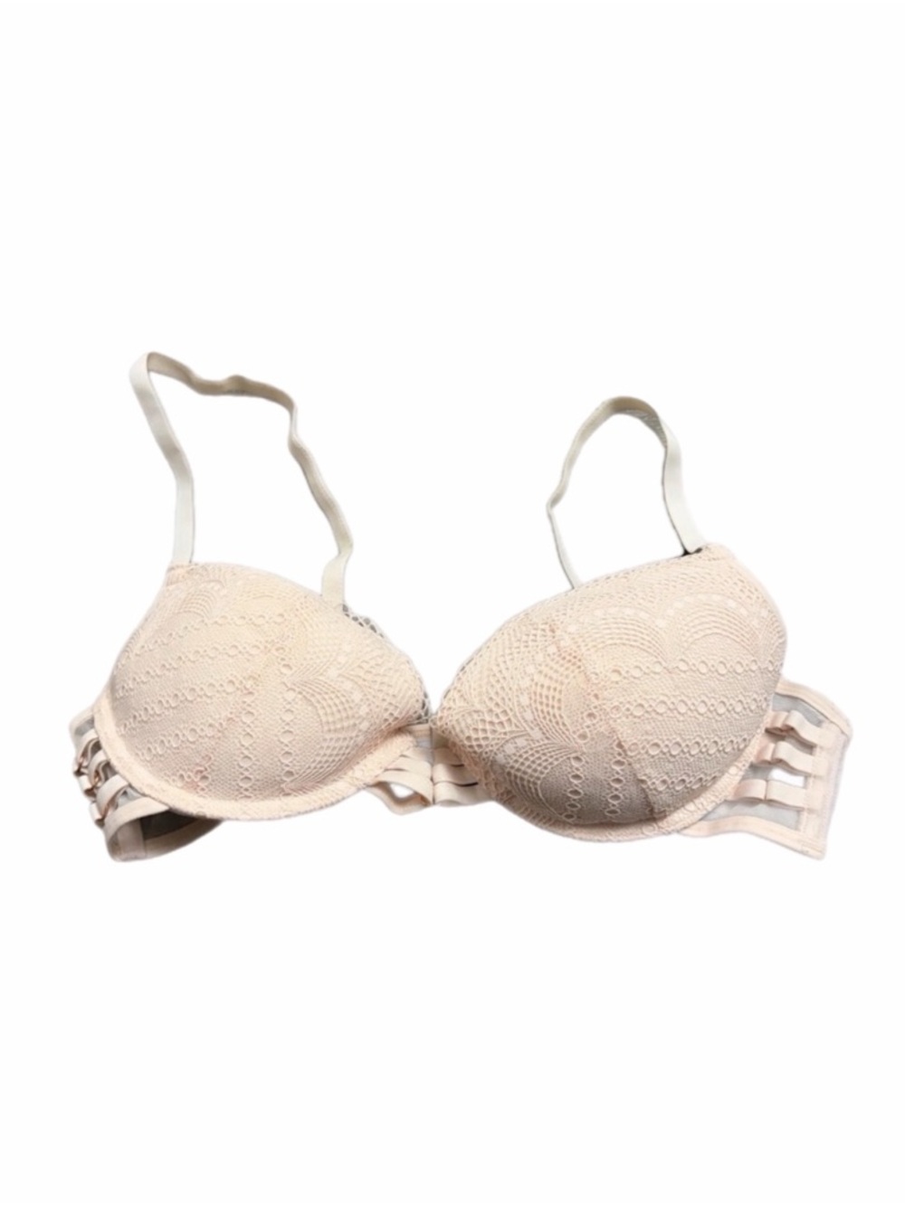 90s/Y2K European Vintage Lace Push-Up Bra Strappy Gold Hardware (Baby Pink) 34C